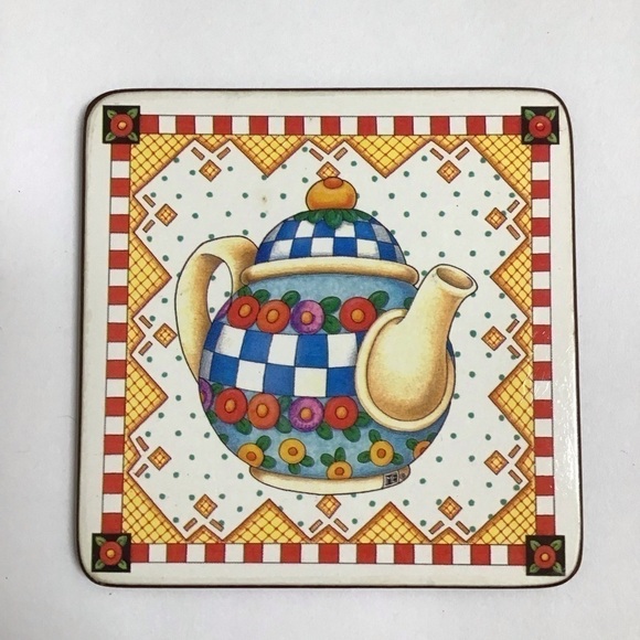 Mary Engelbreit Teapot Coasters Cork Back 4” Square Box SET OF 6 Vintage Cottage - Picture 7 of 16